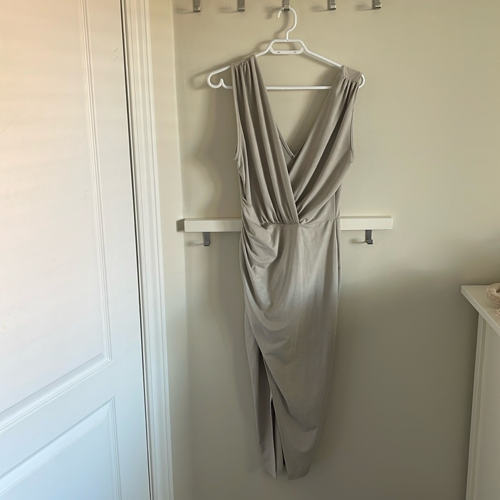 Mendocino Grey Suede Asymmetrical Midi Dress